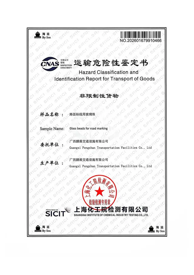 Hazard classification and identification report for sea transport of glass beads for road marking