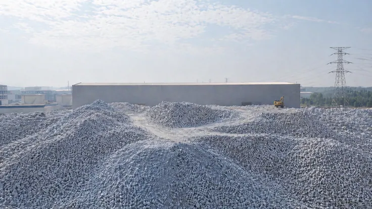 White calcite rock stockyard at the Hezhou production base