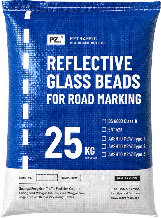 PZTRAFFIC 25 kg bag of reflective glass beads over a close-up of beads scattered on a fresh road marking