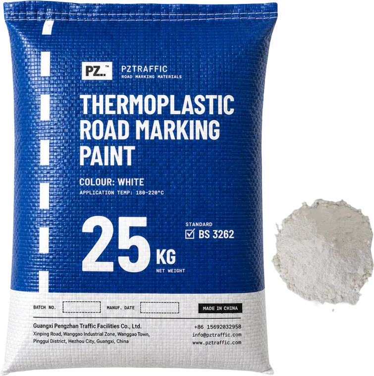 PZTRAFFIC 25 kg bag of white BS 3262 thermoplastic road marking paint with a powder sample