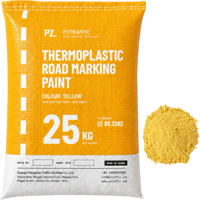 PZTRAFFIC 25 kg bag of yellow BS 3262 thermoplastic road marking paint with a powder sample