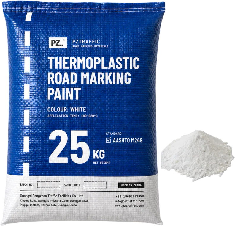 PZTRAFFIC 25 kg bag of white AASHTO M249 thermoplastic road marking paint with a powder sample