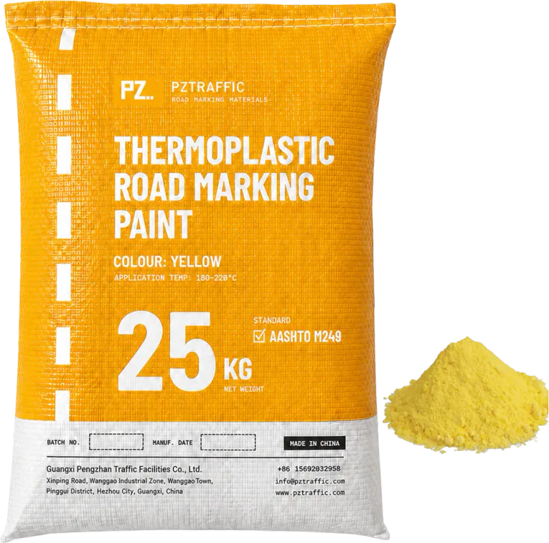PZTRAFFIC 25 kg bag of yellow AASHTO M249 thermoplastic road marking paint with a powder sample