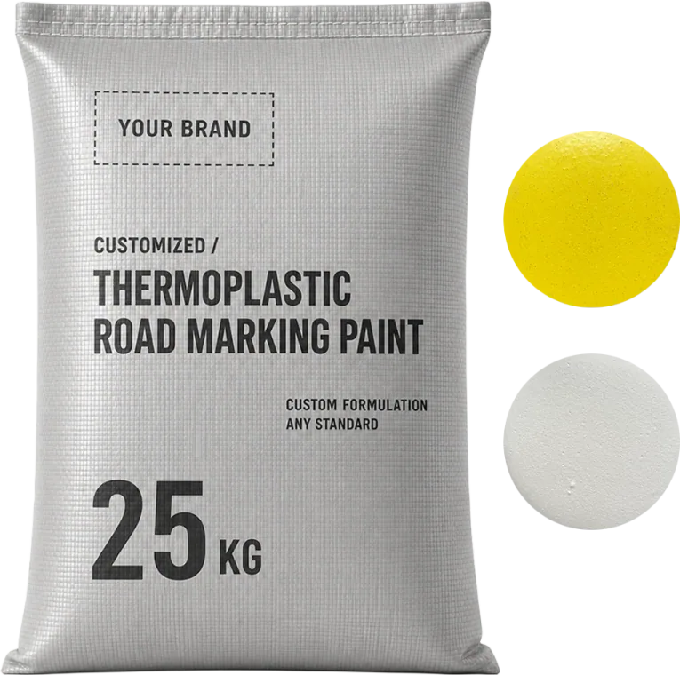 Neutral 25 kg OEM bag with a YOUR BRAND placeholder panel, beside yellow and white thermoplastic paint sample discs